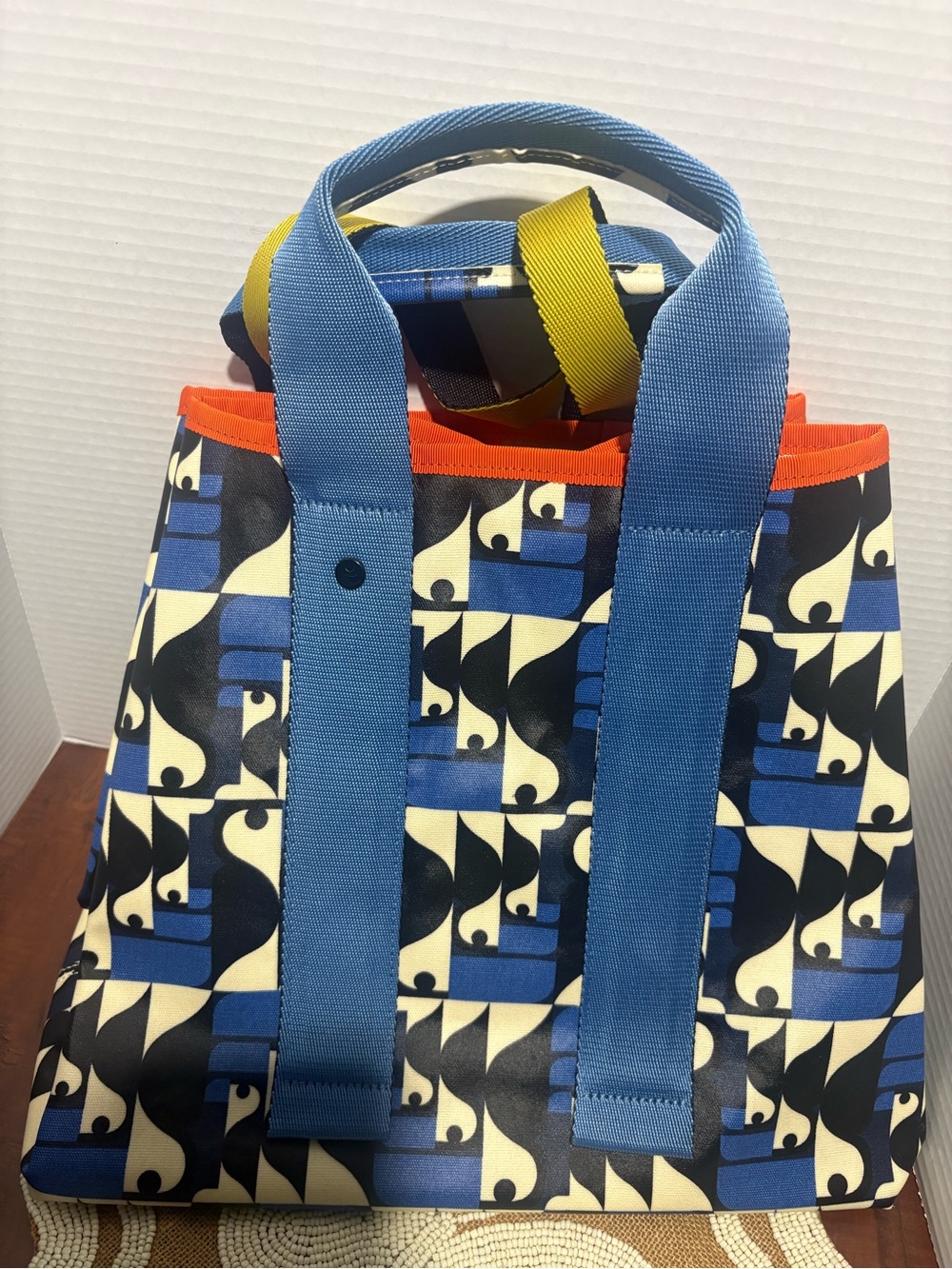 Orla Kiely Large Blue Geometric Canvas Tote with Orange Trim - Picture 2 of 5